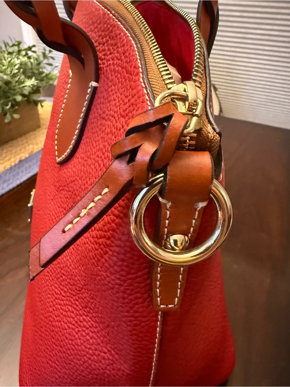 Dooney & Bourke Red Pebble Leather Satchel with Tan leather Braided Handles - Picture 7 of 15